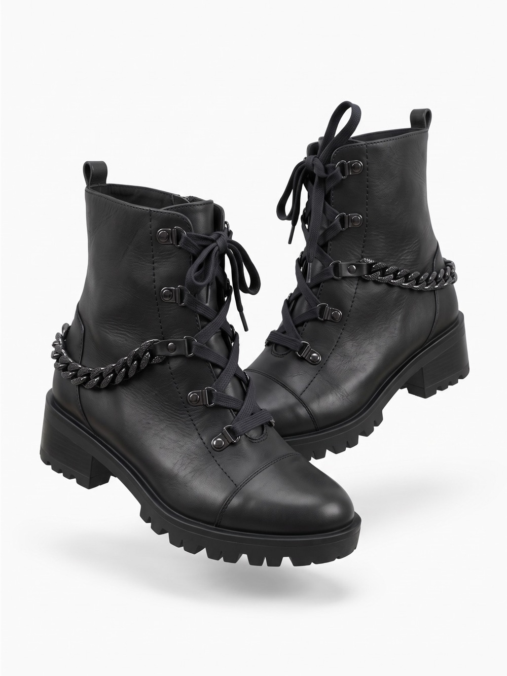 Karl Lagerfeld Black Lace-Up Chain-Trim Combat Boots